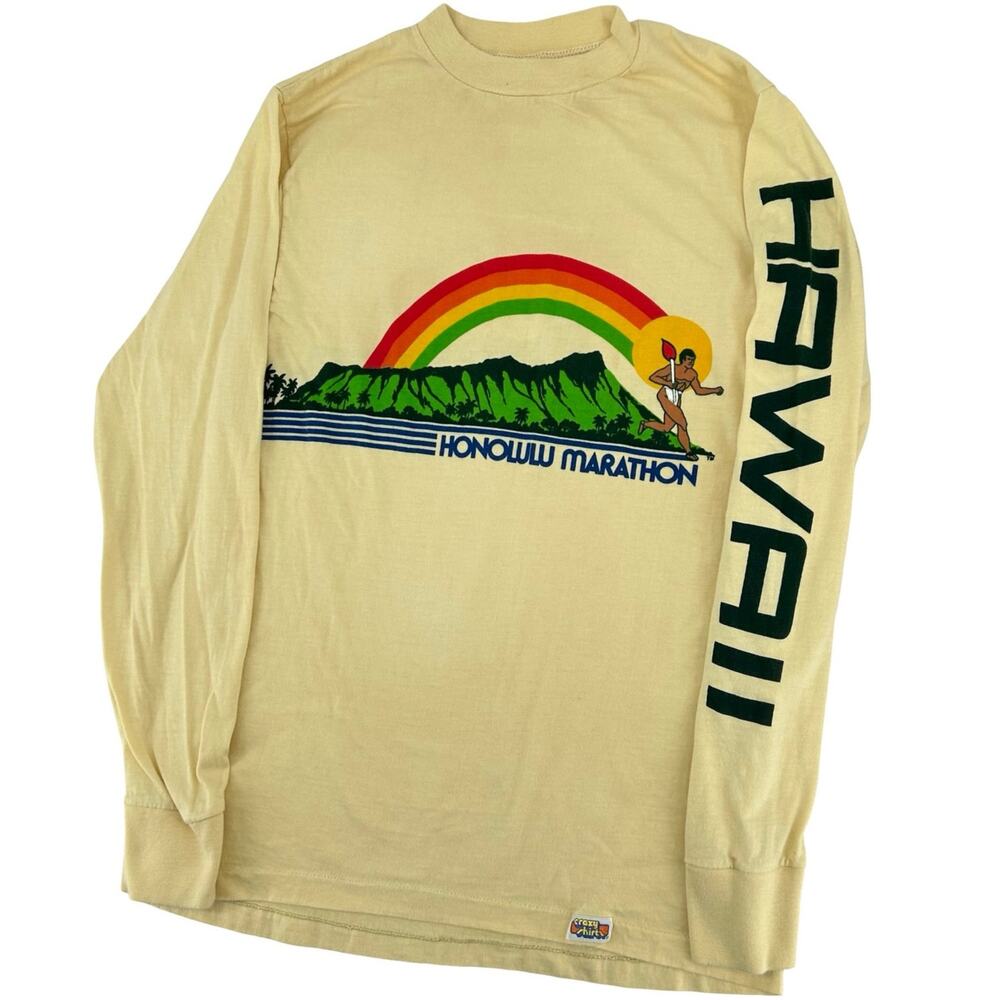 Vintage 80s Men's Crazy Shirts Honolulu Marathon Yellow Long Sleeve T Shirt sz M